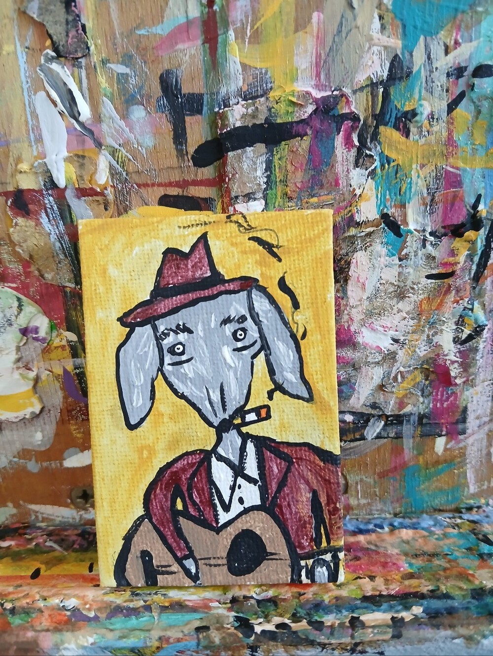 Dog Playing Guitar Painting Folk Art